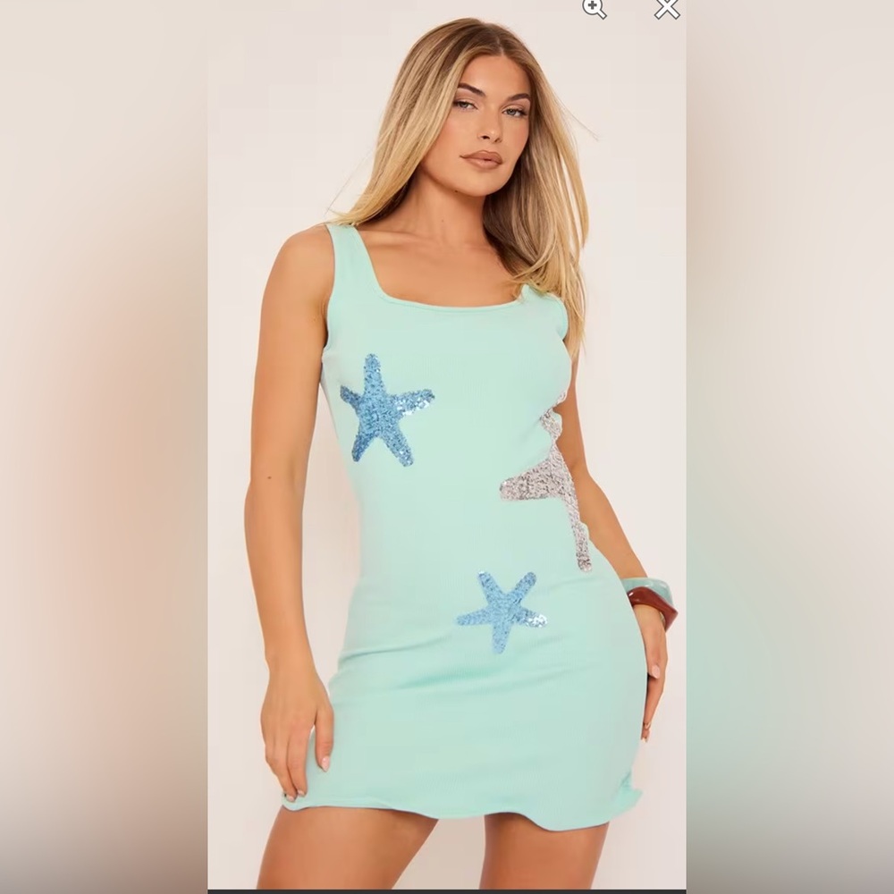🩷. 2070. 🟰. Seafoam Starfish Mini Dress Y2K Mermaid Aesthetic Beach Party